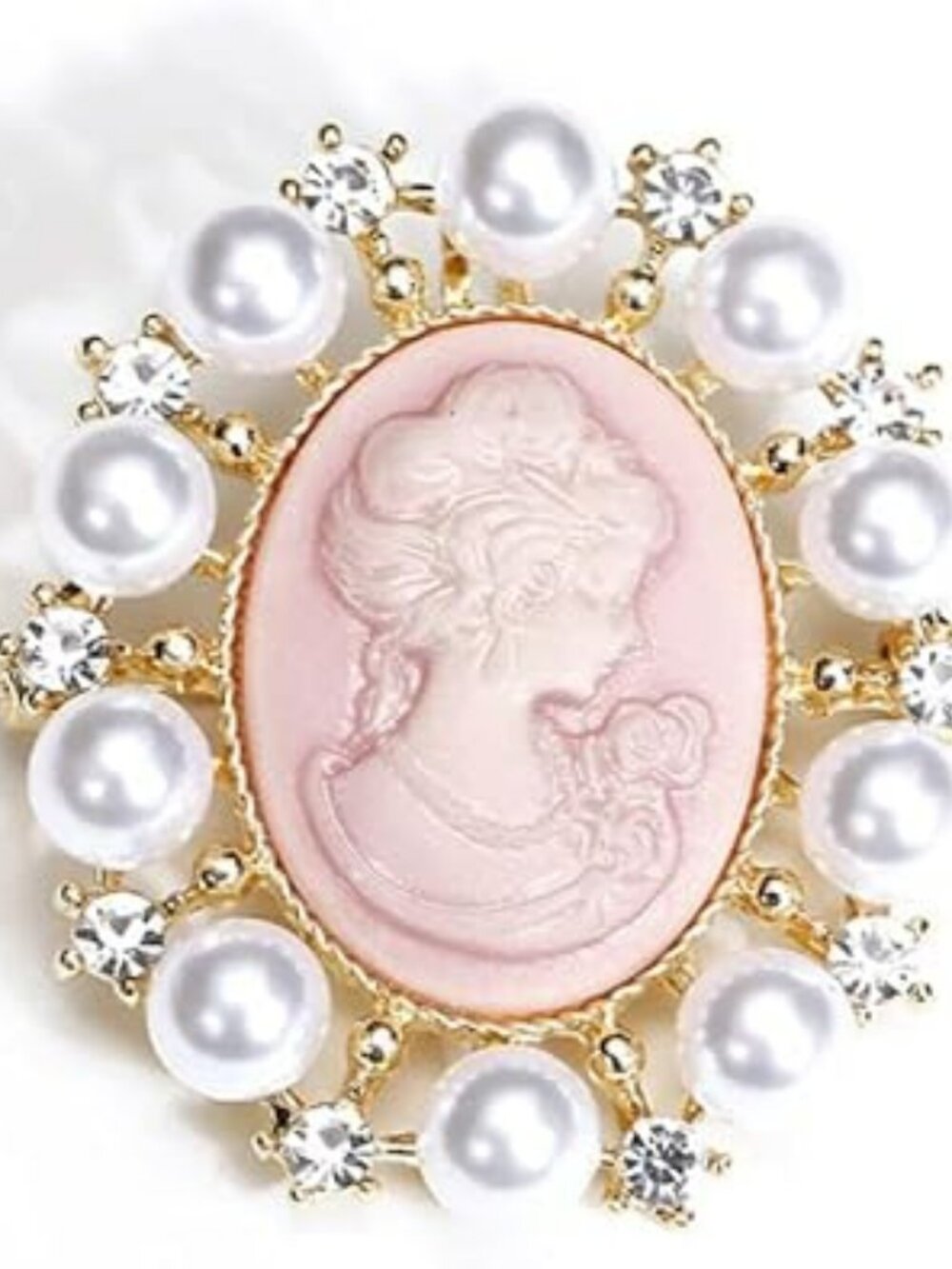 NEW Rhinestone Pearl Cameo Brooch Pin Fashion Dainty Gold Tone Shell Elegance